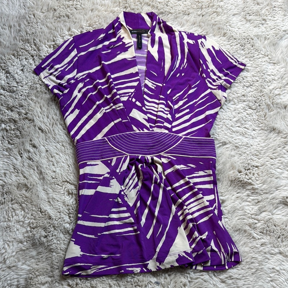 BCBGMaxAzria Purple and White Wrap Blouse with Mandarin Collar